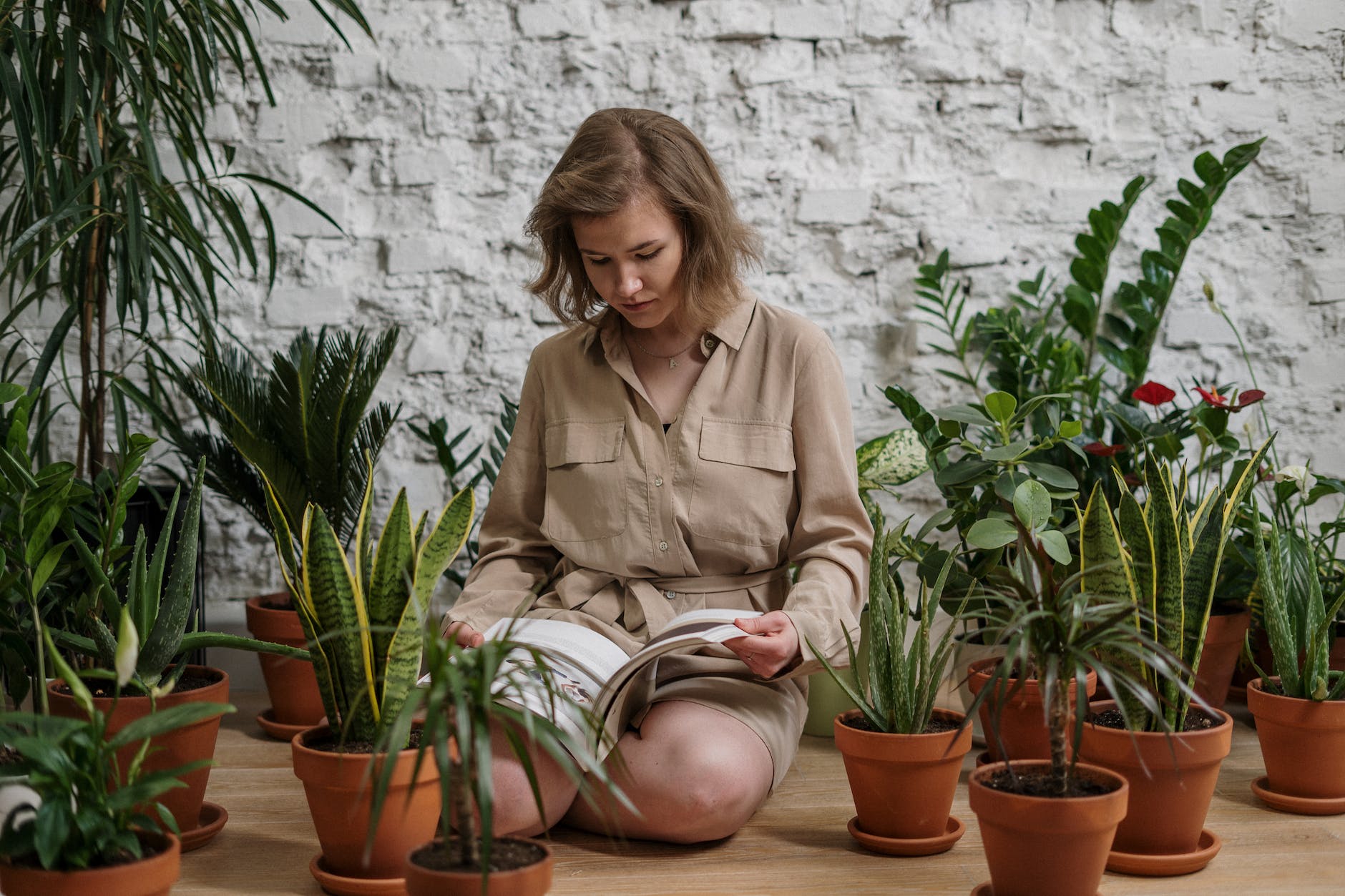 woman sitting while reading book near potted plants